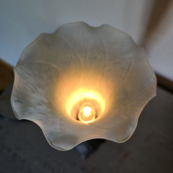 Vintage Tulip Electric Lamp Crimped Frosted Glass Hummingbird Floral Metal Foot - Picture 7 of 10